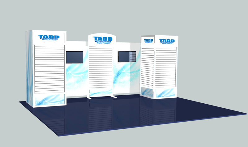 slat wall trade show booth with flat screen