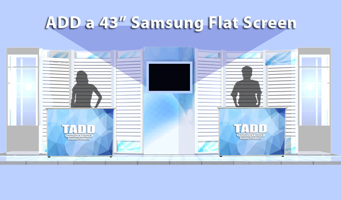 Trade show booth with flat screen, slat wall and showcases