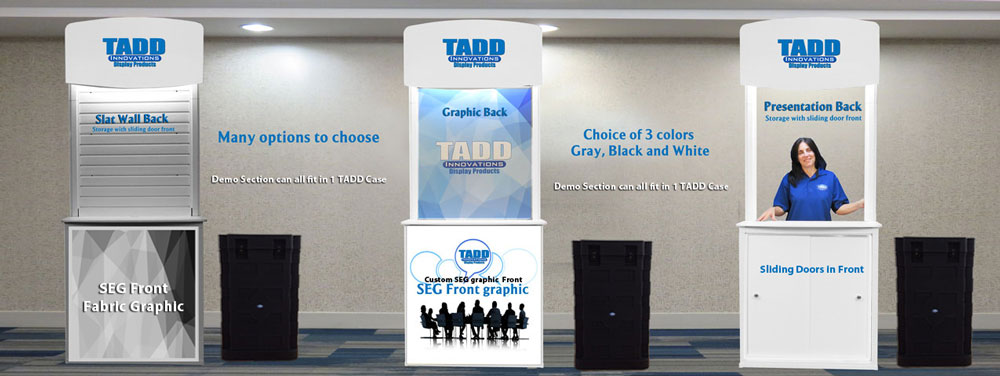 Presentation table section of large trade show booth