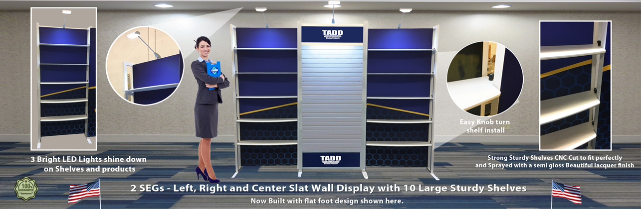 trade show booth with slat wall panels and shelves