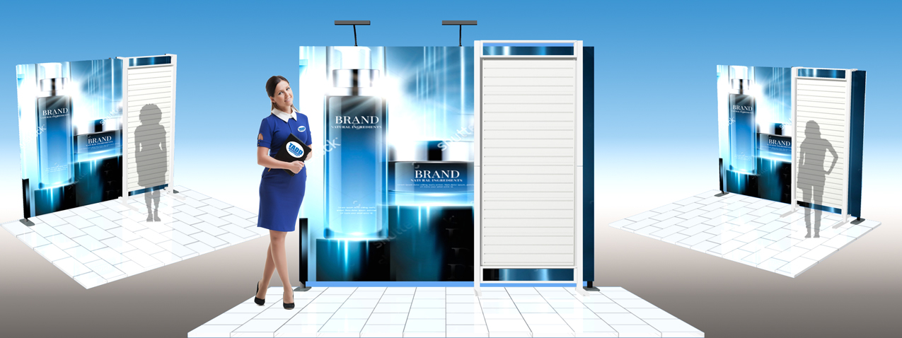 Trade show display with slat wall panel area