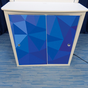 portable trade show table with printed graphic doors