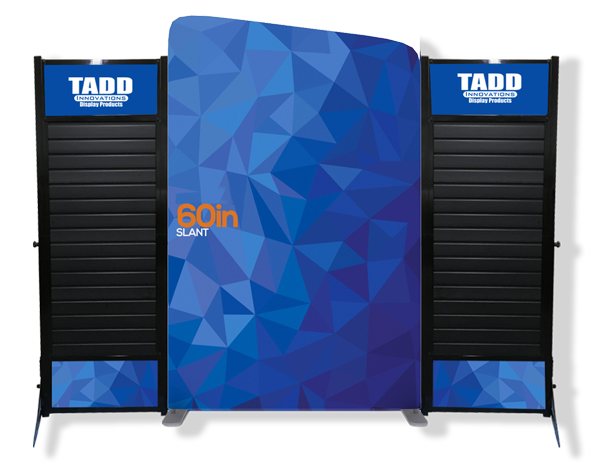 trade show displays with slat wall panels and signs