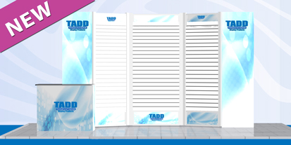 trade show booth with graphic ends and slat wall